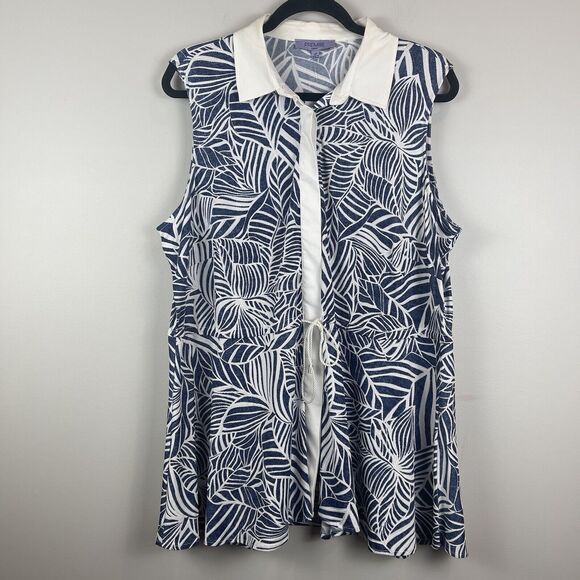 Premise Tunic Top Women 1X Blue White Button Front Collared Floral Blouse Mature - Picture 1 of 9
